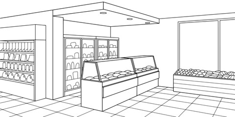 Grocery store shop interior black white graphic sketch illustration vector 
