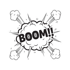 Boom comic book sound effect with explosion cloud. Pop art style black and white onomatopoeia vector illustration isolated on a transparent background.
