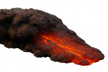 Molten lava flow from an erupting volcano, demonstrating extreme heat and geological activity, transparent background