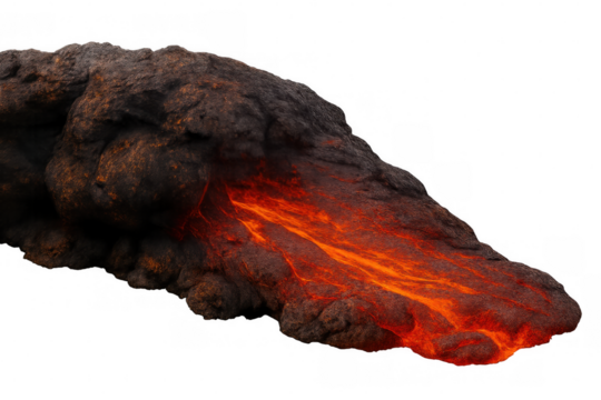 Molten lava flow from an erupting volcano, demonstrating extreme heat and geological activity, transparent background