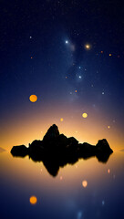 Majestic night landscape featuring a silhouette of rocky island under a starry sky reflected in calm water surface