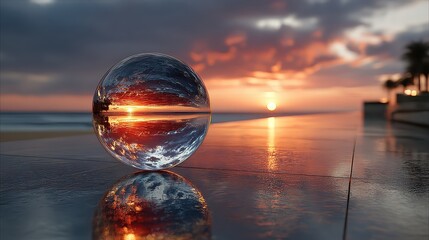 Glass orb reflects sunset on sandy shore during evening at beach, horizon creates inverted effect of clouds and sky
