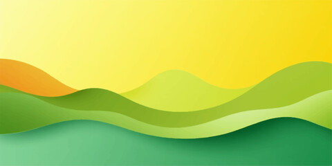 Abstract flowing landscape with rolling green hills under a bright yellow sky