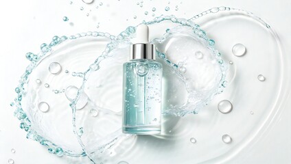 A clear serum bottle with a dropper surrounded by splashing water on a white background surface
