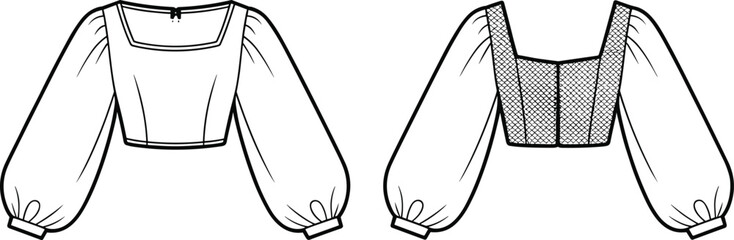 Cropped blouse sketch, square neckline, puff sleeves with cuffs, shirred back panel, fitted bodice, front and back technical fashion illustration