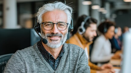 call center agent with headset working on support hotline in modern office with copy space portrait of mature positive agent in conversation with customer over headset looking at camera no logos no b