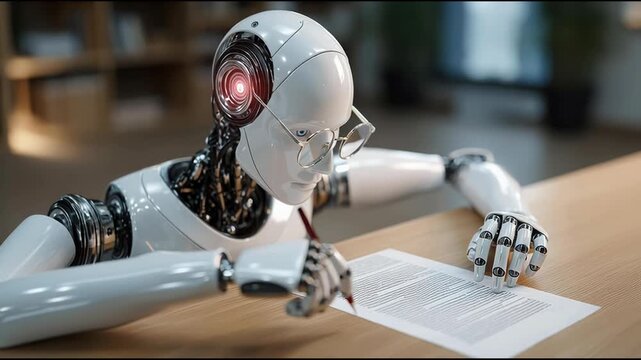 Advanced robot reading a document as part of an autonomous audit system for compliance verification and accuracy. AI Compliance Reviewer &ndash; Animated Video Version