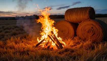 Campfire burning among hay bales in rural field at sunset  