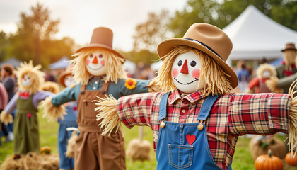 Colorful scarecrows standing in a pumpkin patch during autumn festival  