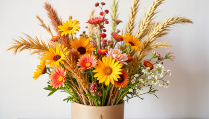 Obraz premium Colorful flower arrangement in a decorative vase on a neutral background 