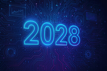 Blue Neon 2028 Numbers Illuminated on a Dark Digital Circuit Board with Data Visualizations year future