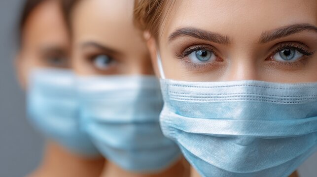 medicine profession and healthcare concept  close up of doctors faces in medical masks over grey background no logos no brands ar 169