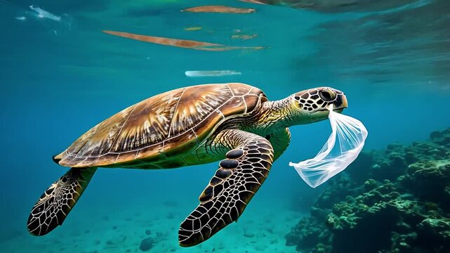 Sea turtle swimming underwater, grabbing a plastic bag. Representing ocean pollution, environmental conservation, and wildlife endangerment