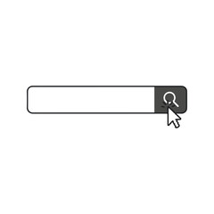 Search bar vector illustration with magnifying glass icon and mouse cursor clicking the button. Blank input field for web search query, isolated on white background.
