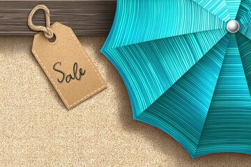 Vibrant beach umbrella casting shadows on sand with a tag labeled sale signaling summer discounts in a playful and inviting outdoor setting of relaxation and leisure