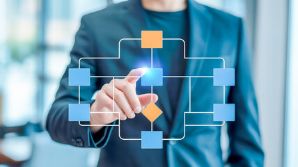 Person touching a digital flowchart on a screen business