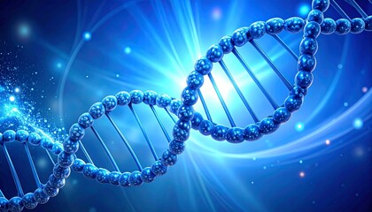 3D rendered DNA double helix shining in a glowing blue scientific background. Represents genetics, biotechnology, molecular biology, and medical research.