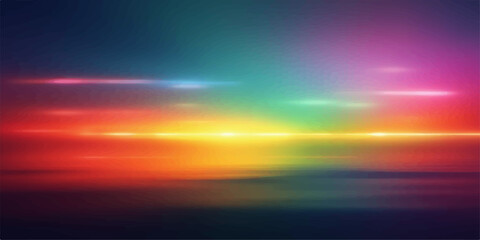 Vibrant abstract background with horizontal light streaks and bokeh effects in rainbow colors © HooD