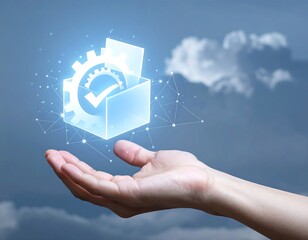 Hand holding digital toolbox with gear and checkmark for service.