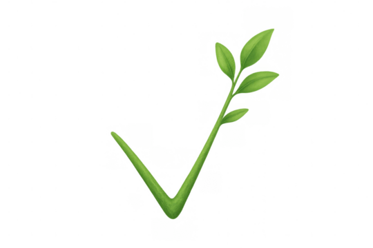 Green plant stem forming checkmark symbol, representing eco-friendly solution, sustainability, and growth, transparent background