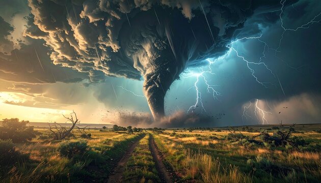 A powerful tornado swirling across an open countryside beneath dramatic storm clouds and lightning.