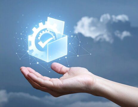 Hand holding digital toolbox with gear and checkmark for service.