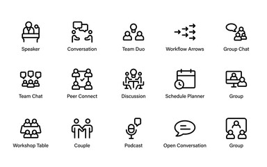 A modern set of icons featuring collaboration, team communication, and workflow. Perfect for business presentations, community projects, and illustrating group dynamics and planning.