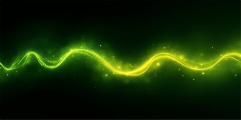 Abstract glowing green and yellow wavy energy line with sparkling particles on black background