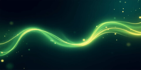 Abstract glowing green and yellow wavy energy light stream with sparkling particles on dark background