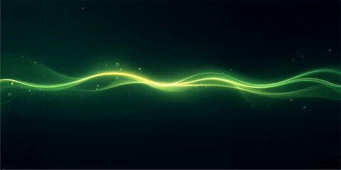 Abstract glowing green energy wave pulsing with light particles on a dark background © HooD