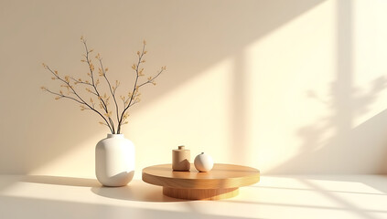 Minimalist interior with a wooden table, vase with branches, and decorative objects in soft natural light