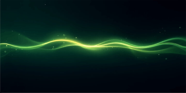 Abstract glowing green energy wave pulsing with light particles on a dark background