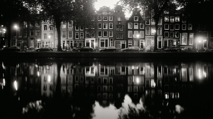 Fototapeta premium Dutch canal houses with reflections in water, perfect symmetry and soft golden glow