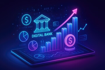 Digital bank concept with neon financial icons and bar graph on a tablet finance technology
