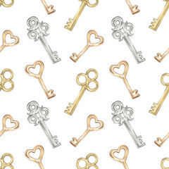 Watercolor seamless pattern with keys. Print with silver, copper, and gold keys. Vintage wallpaper, wrapping paper, and background designs. Design and formatting. Hand-drawn illustrations.