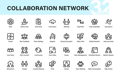Professional Collaboration Network Icons set featuring chat, group meeting, brainstorm, video call, community, and collaboration symbols. perfect for apps and presentations.