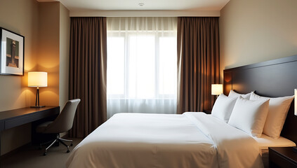 Cozy hotel room with a comfortable bed, desk, and warm lighting creating a relaxing atmosphere for a peaceful night
