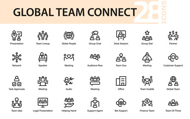 Modern flat icon set illustrating teamwork, global meetings, communication, support agents, presentations, partnerships, and office collaboration for business branding.