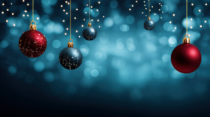 Christmas holiday background with copy space, hanging balls and bokeh lights on blue background. Merry Christmas and Happy Holidays greeting card, frame, and banner. New Year. Noel. Winter