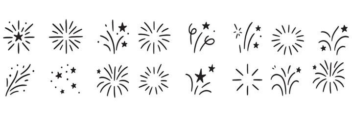 Line icon ray, confetti element set. Starburst line art with hand drawn glitter spark, pop icon shapes and surprise emphasis elements. Decorative sketch style for a sunshine ray vector illustration