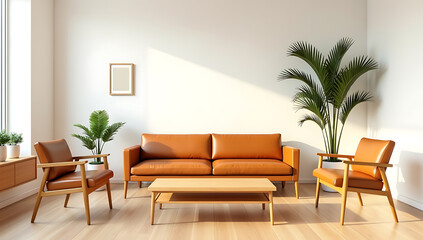 Bright and airy living room with modern furniture, featuring a brown leather sofa, wooden chairs, and potted plants