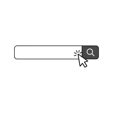 Search bar vector illustration with magnifying glass icon and mouse cursor clicking the button. Blank input field for web search query, isolated on white background.
