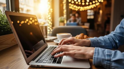 Dynamic entrepreneur works remotely in a cozy cafe with coffee and croissant, sparkling lights create a vibrant, productive atmosphere, modern lifestyle, confident freelancer typing on laptop - Powered by Adobe