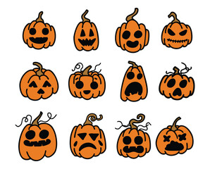 Hand drawn Halloween pumpkin faces doodle set. Cute and spooky jack-o’-lantern expressions in cartoon style. Perfect for holiday decorations, stickers, and festive designs.