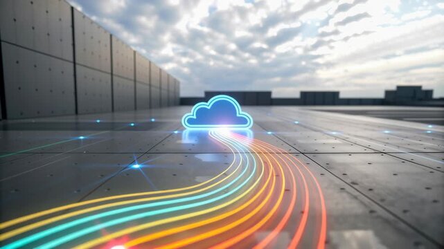 Vibrant Cloud Icon Showcases Edge Computing, Virtualization, and Dynamic Data Flow in Modern Network Technology
