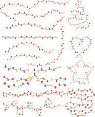 Festive hand-drawn Christmas lights featuring wavy lines and tree, heart, and star shapes with colorful bulbs in red, green, yellow, and blue
