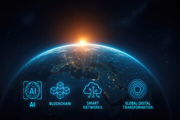 Earth with Digital Network Overlay and Icons for AI Blockchain Smart Networks Global Digital Transformation