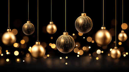 Christmas holiday background with copy space, hanging golden balls and bokeh lights on black background. Merry Christmas and Happy Holidays greeting card, frame, and banner. New Year. Noel. Winter Ch
