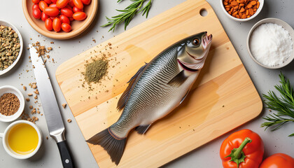 Fresh fish on wooden cutting board with spices and tomatoes  