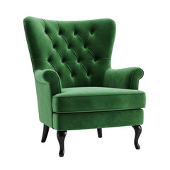 Green Velvet Tufted Wingback Armchair isolated on a transparent background